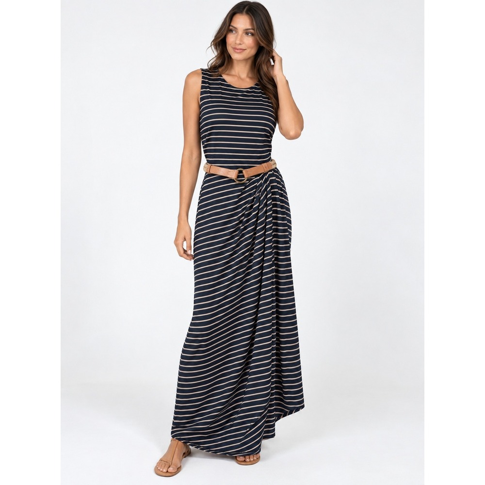 Lauren Ralph Lauren Maxi Dress Women's 10 Navy Tan Striped Belted NWT